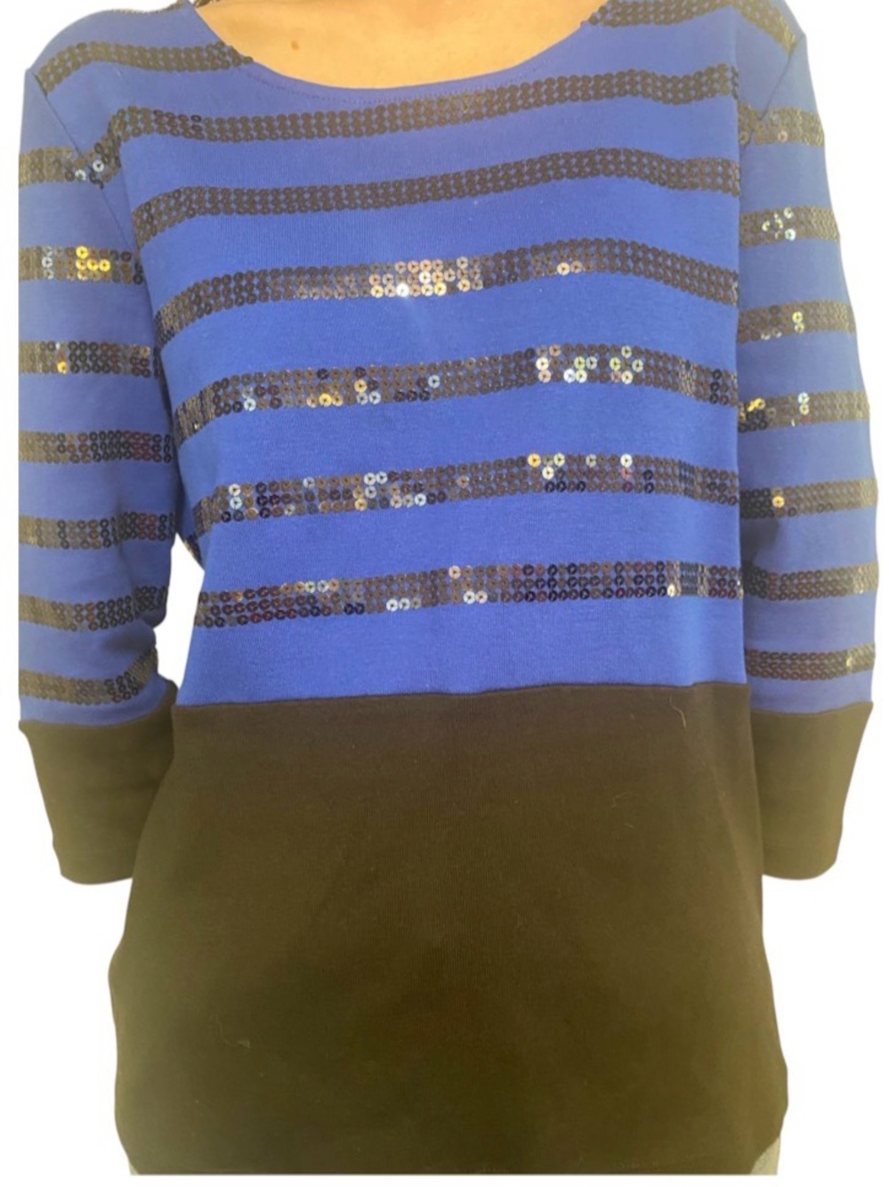 Rafaella Studio Blue and Black Sequin-Striped Crewneck Sweater Petite Small